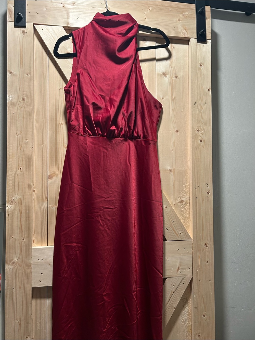 Lena High-Neck Sleeveless Red Satin Maxi Dress